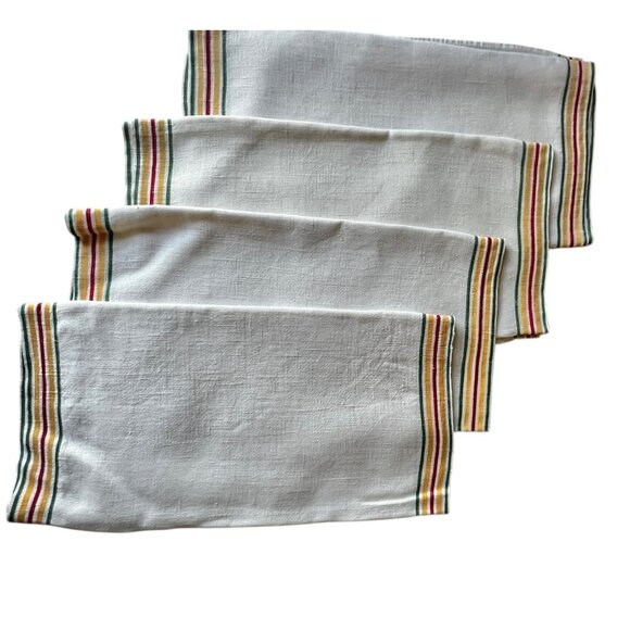 N/A Other - 4 Vintage White Linen Cotton Dishtowels Yellow Red Green Stripes 33x17